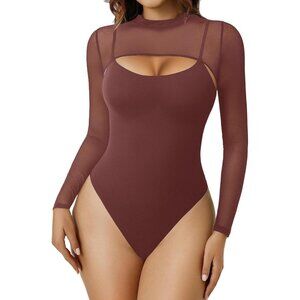 Women's Purple Red Turtle Neck Long Sleeve Two Piece Shapewear Bodysuit Tops